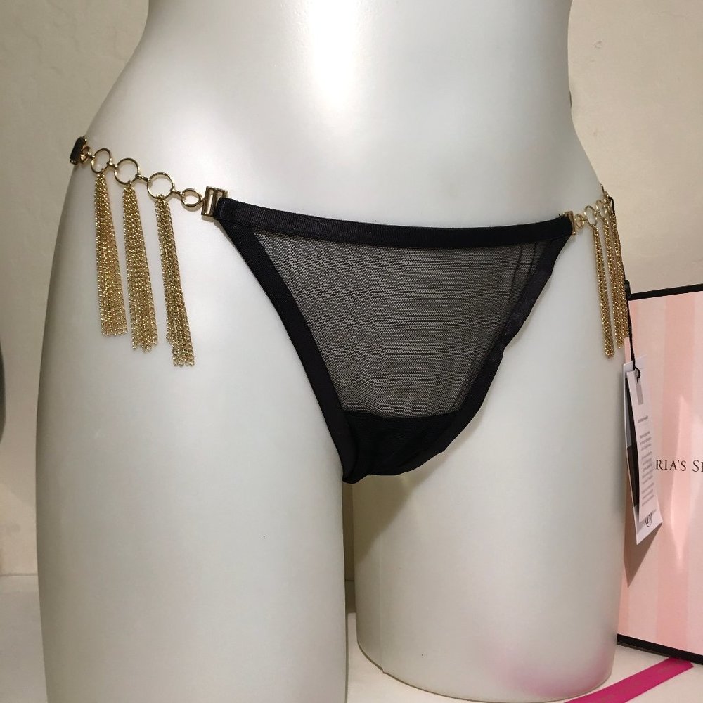 Victorias Secret Bluebella Aurora Tassle Thong Black M NWT